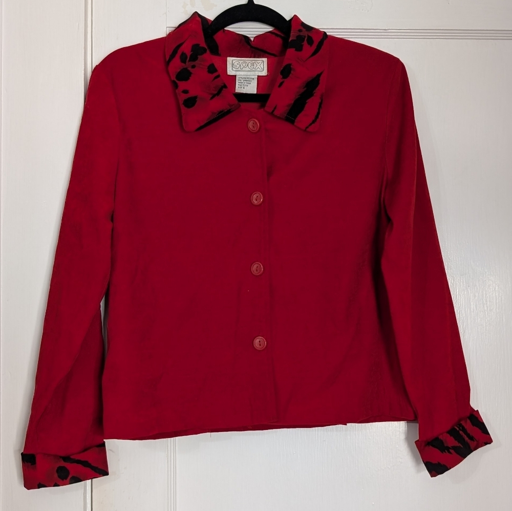 Y2K Vintage SPEX Red Cropped Jacket w/ Animal Print Collar & Cuffs | Sz 6 S/M